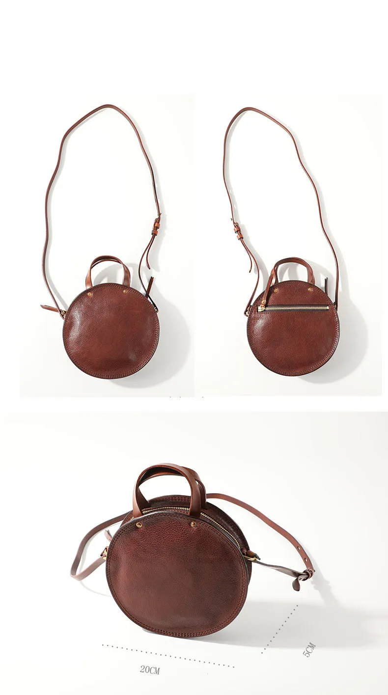 Vintage Womens Coffee Leather Round Handbag Purses Coffee Round Shoulder Bag Crossbody Handbag for Women