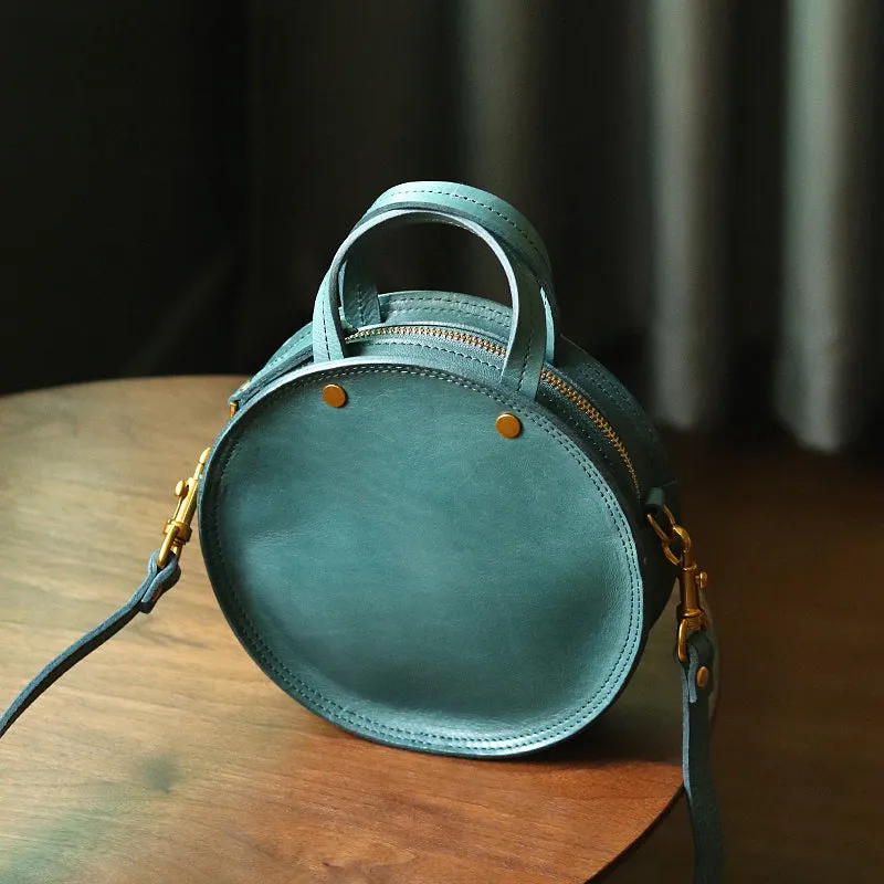 Vintage Womens Green Leather Round Handbag Purses Green Round Shoulder Bag Crossbody Handbag for Women