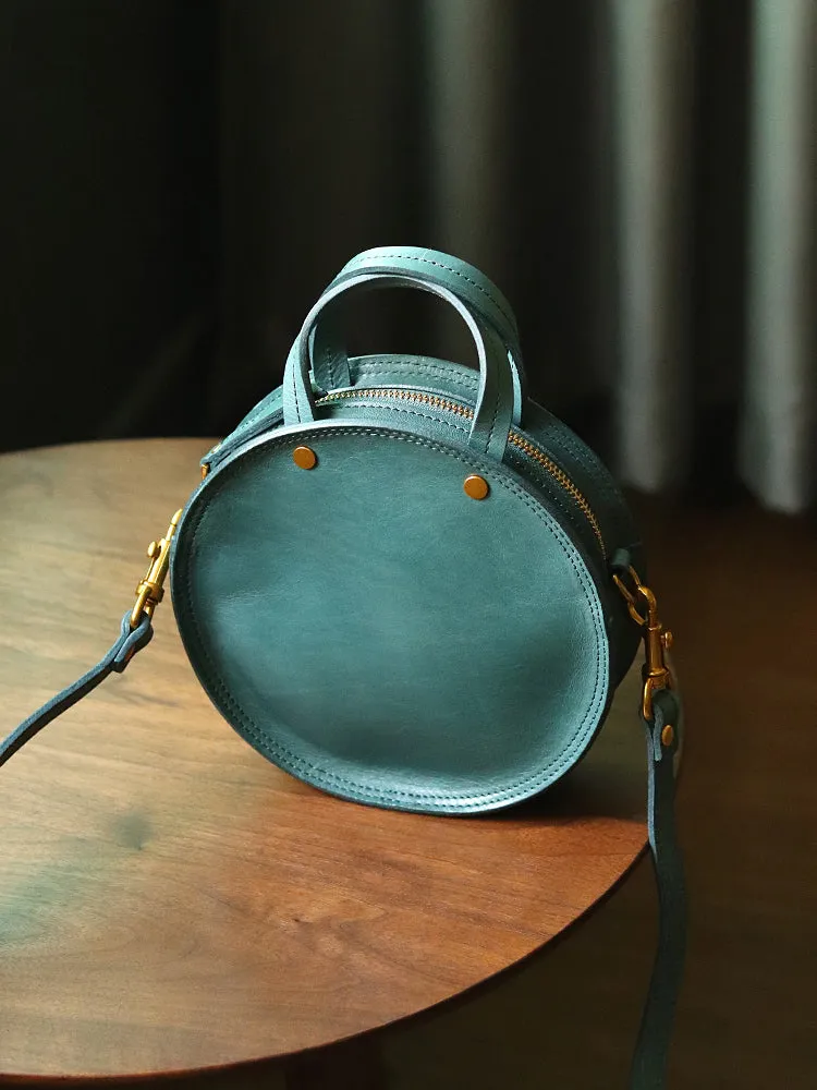 Vintage Womens Green Leather Round Handbag Purses Green Round Shoulder Bag Crossbody Handbag for Women