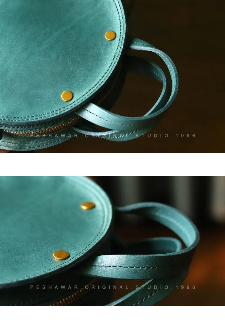 Vintage Womens Green Leather Round Handbag Purses Green Round Shoulder Bag Crossbody Handbag for Women
