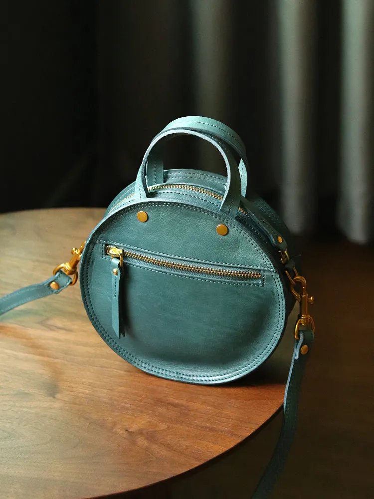 Vintage Womens Green Leather Round Handbag Purses Green Round Shoulder Bag Crossbody Handbag for Women