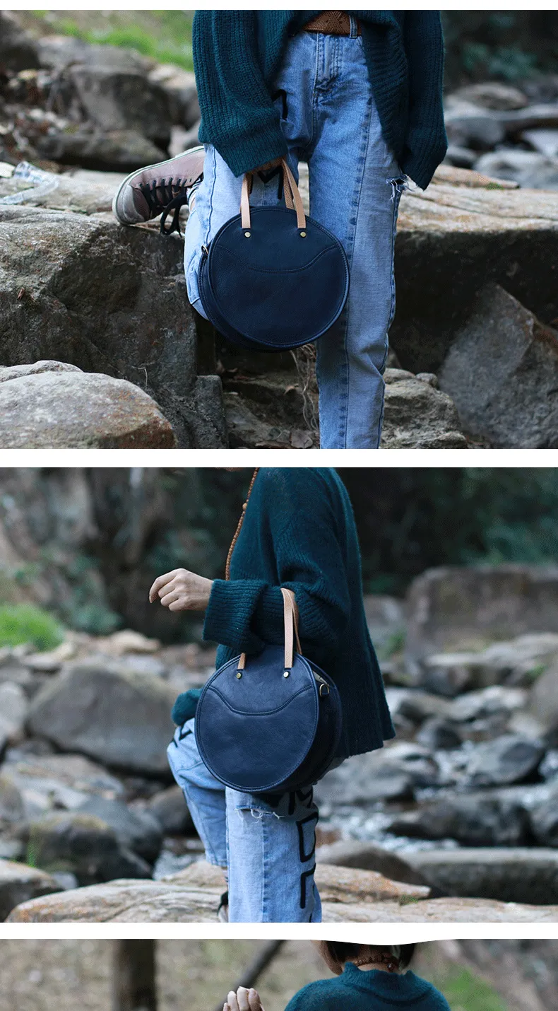 Vintage Womens Green Leather Round Handbag Purses Green Round Shoulder Bag Crossbody Purse for Women