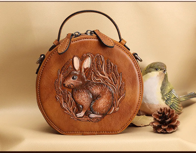 Vintage Womens Leather Round Handbag Bunny Crossbody Purse Cutest Round Shoulder Bags for Women