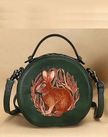 Vintage Womens Leather Round Handbag Bunny Crossbody Purse Cutest Round Shoulder Bags for Women