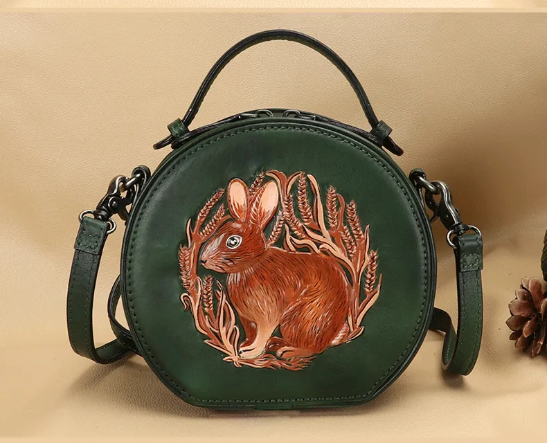 Vintage Womens Leather Round Handbag Bunny Crossbody Purse Cutest Round Shoulder Bags for Women