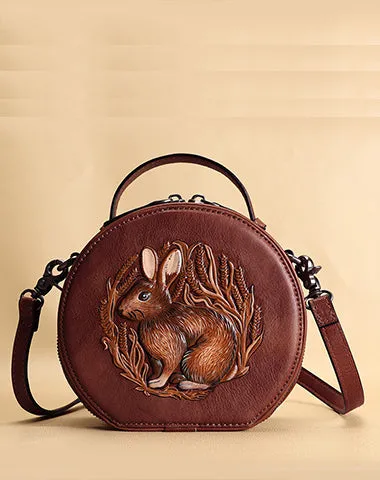 Vintage Womens Leather Round Handbag Bunny Crossbody Purse Cutest Round Shoulder Bags for Women