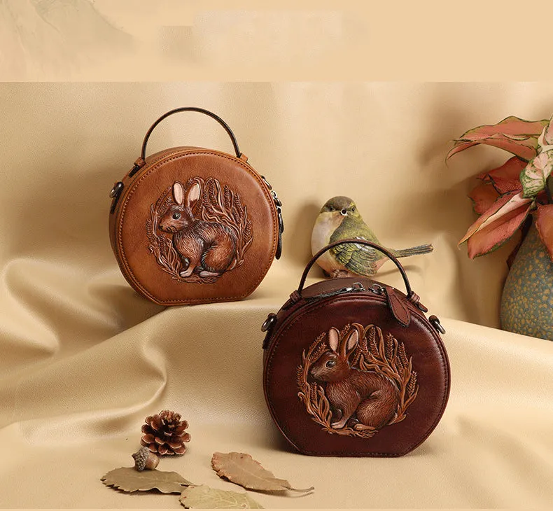 Vintage Womens Leather Round Handbag Bunny Crossbody Purse Cutest Round Shoulder Bags for Women