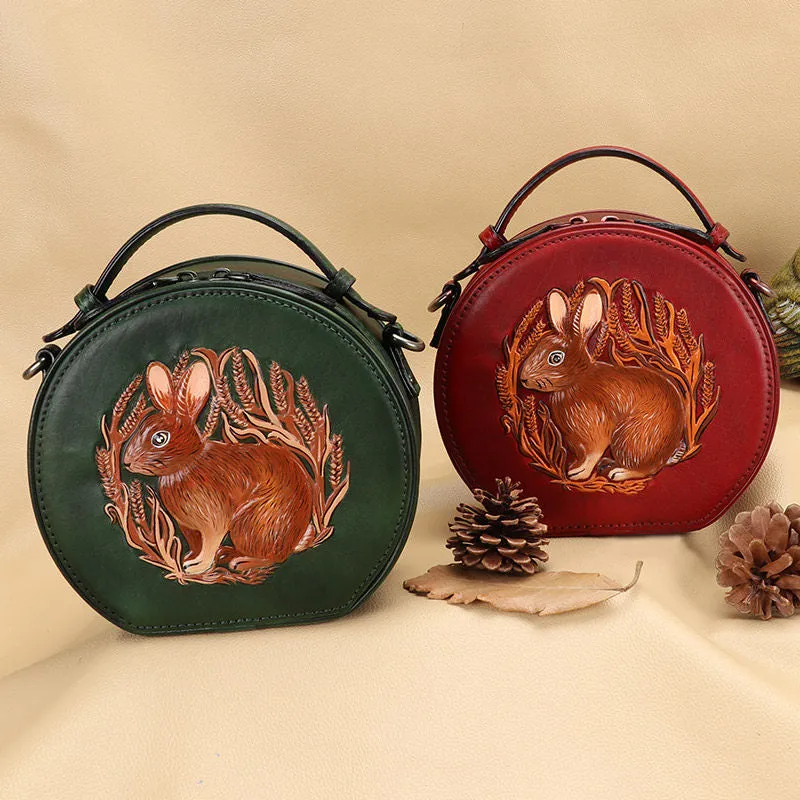 Vintage Womens Leather Round Handbag Bunny Crossbody Purse Cutest Round Shoulder Bags for Women