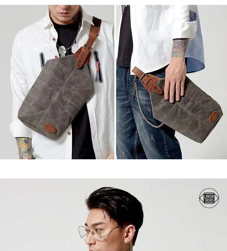 Waxed Canvas Sling Backpack Men's Sling Bag Navy Blue Chest Bag Waxed Canvas One shoulder Backpack For Men