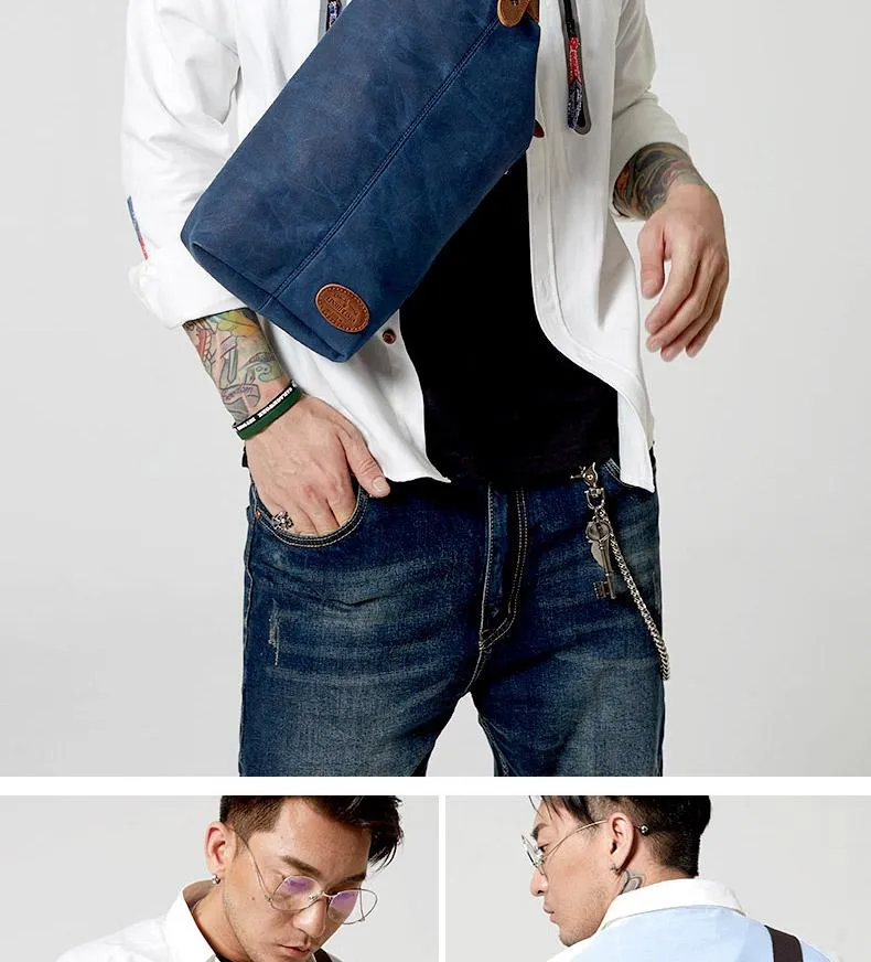 Waxed Canvas Sling Backpack Men's Sling Bag Navy Blue Chest Bag Waxed Canvas One shoulder Backpack For Men
