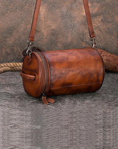 Womens Black Gray Leather Barrel Shoulder Bag Purse Vintage Round Handbag Bucket Crossbody Purse for Women