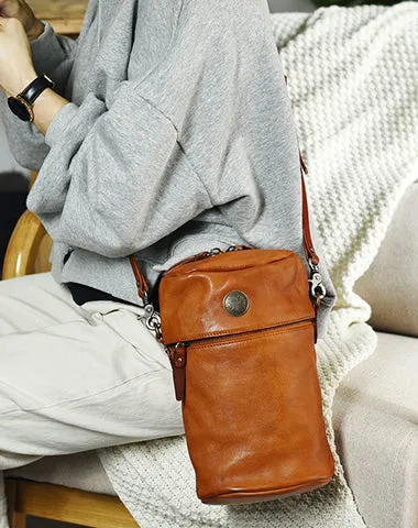 Womens Black Leather Bucket Crossbody Bag Purse Vintage Handmade Round Barrel Shoulder Bag for Women