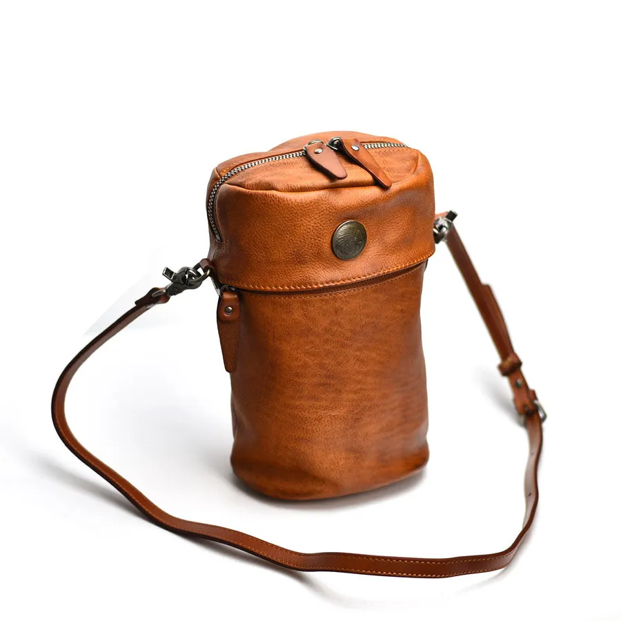Womens Black Leather Bucket Crossbody Bag Purse Vintage Handmade Round Barrel Shoulder Bag for Women