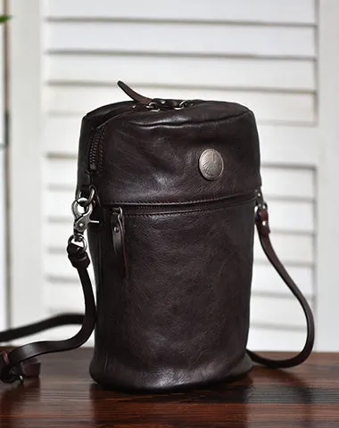 Womens Black Leather Bucket Crossbody Bag Purse Vintage Handmade Round Barrel Shoulder Bag for Women