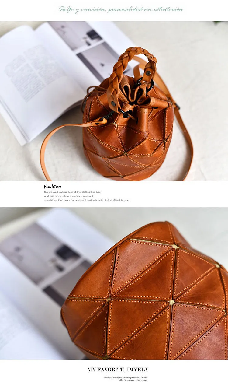 Womens Black Leather Bucket Shoulder Bag Purse Vintage Split Joint Barrel Round Handbag Crossbody Purse for Women