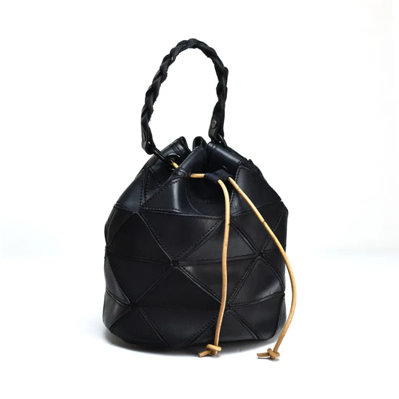 Womens Black Leather Bucket Shoulder Bag Purse Vintage Split Joint Barrel Round Handbag Crossbody Purse for Women