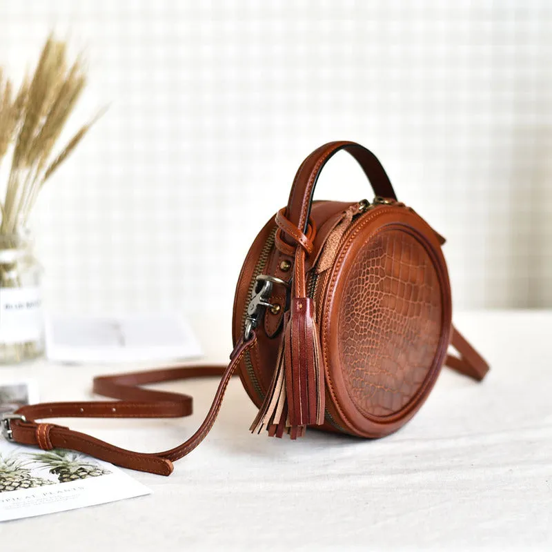 Womens Black Leather Round Crossbody Bag Crocodile Pattern Vintage Round Handbag Shoulder Bag for Women