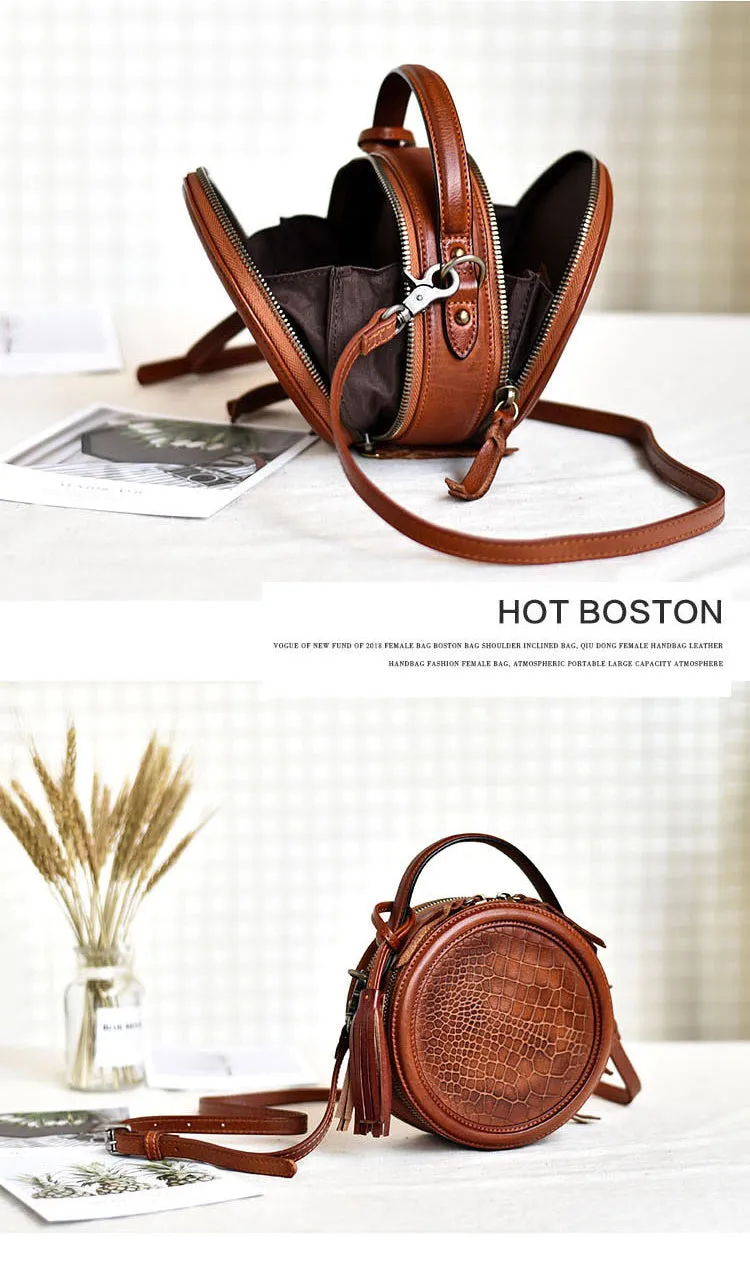 Womens Black Leather Round Crossbody Bag Crocodile Pattern Vintage Round Handbag Shoulder Bag for Women
