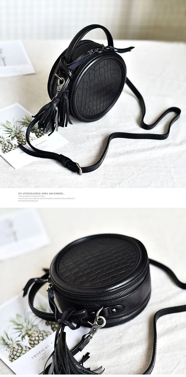 Womens Black Leather Round Crossbody Bag Crocodile Pattern Vintage Round Handbag Shoulder Bag for Women