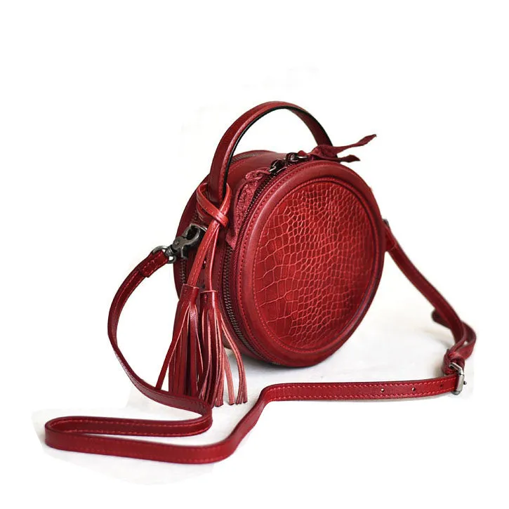 Womens Black Leather Round Crossbody Bag Crocodile Pattern Vintage Round Handbag Shoulder Bag for Women
