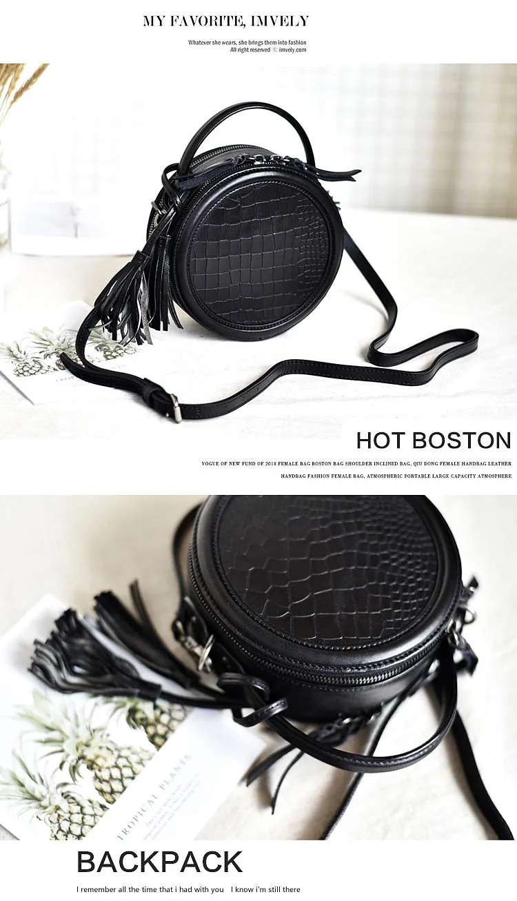 Womens Black Leather Round Crossbody Bag Crocodile Pattern Vintage Round Handbag Shoulder Bag for Women