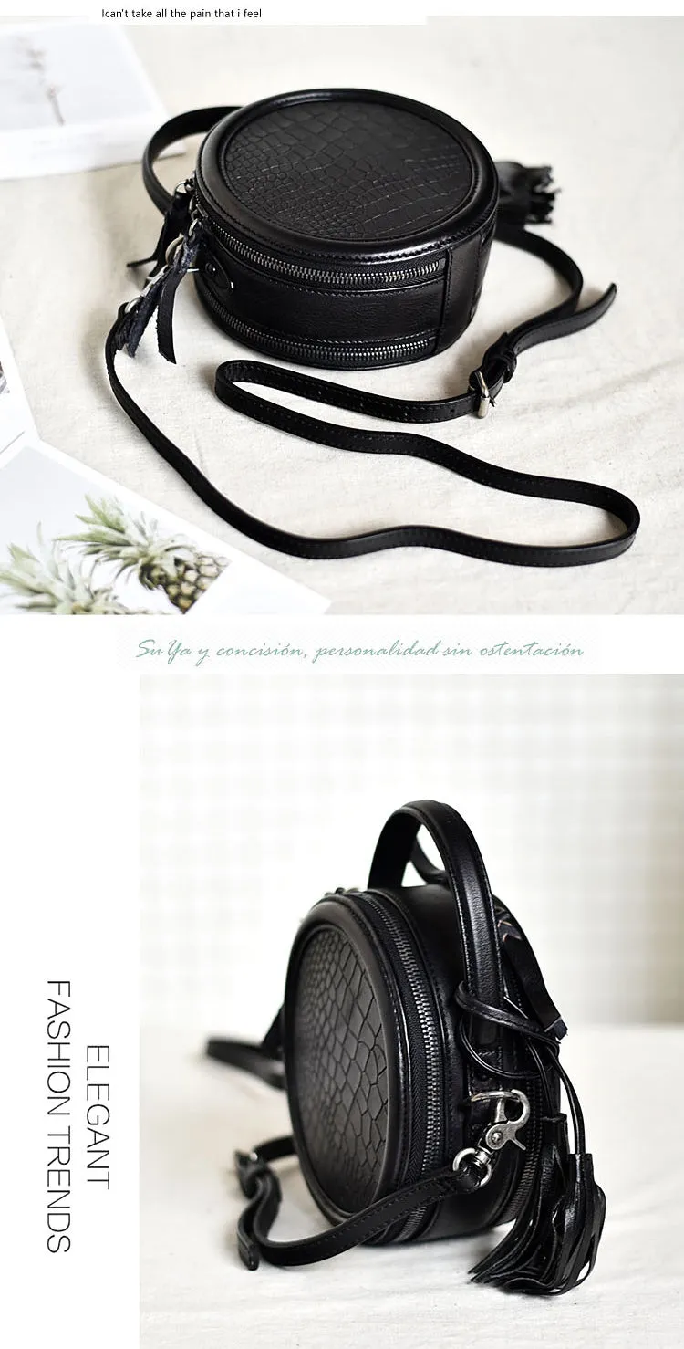 Womens Black Leather Round Crossbody Bag Crocodile Pattern Vintage Round Handbag Shoulder Bag for Women