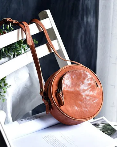 Womens Black Leather Round Crossbody Bag Handmade Round Small Shoulder Bag for Women