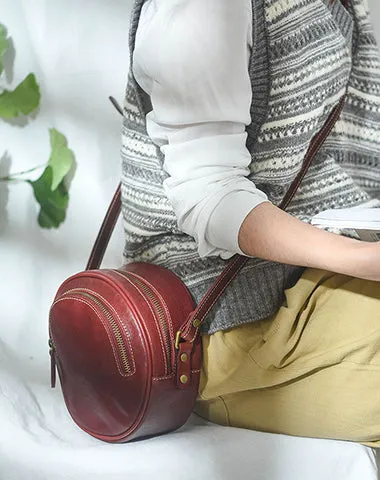 Womens Black Leather Round Crossbody Bag Handmade Round Small Shoulder Bag for Women