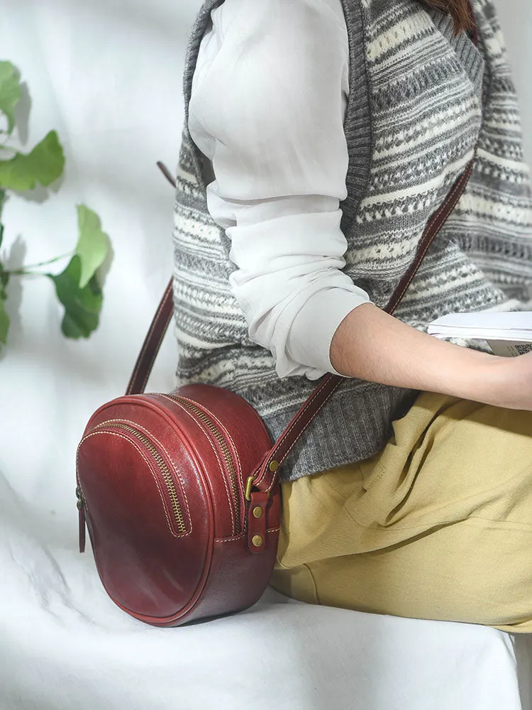 Womens Black Leather Round Crossbody Bag Handmade Round Small Shoulder Bag for Women