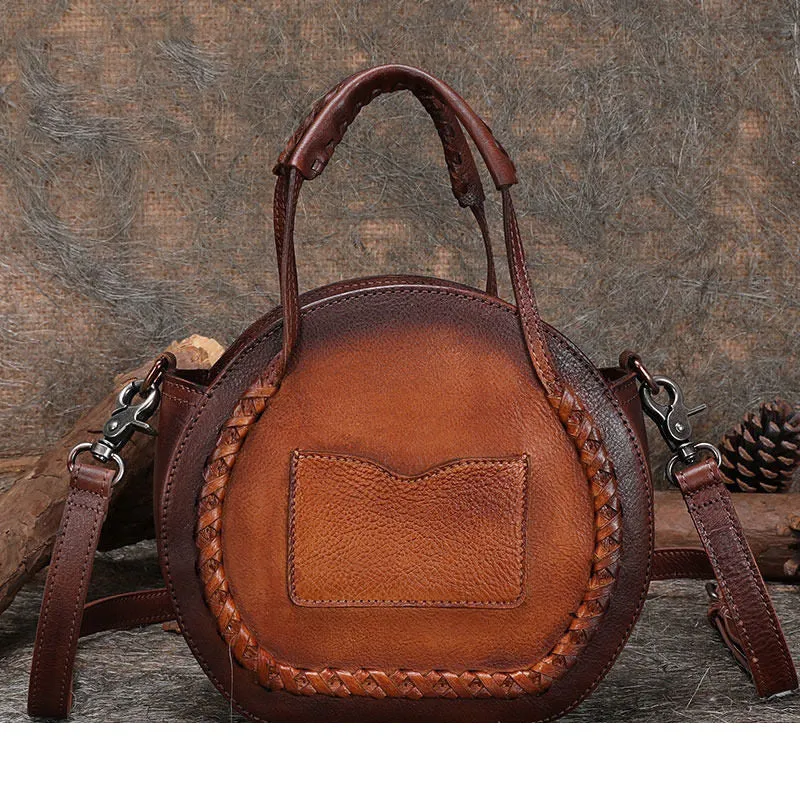 Womens Black Leather Round Handbag Purses with Tassels Vintage Handmade Round Shoulder Bag Crossbody Handbag for Women