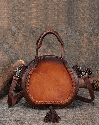 Womens Black Leather Round Handbag Purses with Tassels Vintage Handmade Round Shoulder Bag Crossbody Handbag for Women
