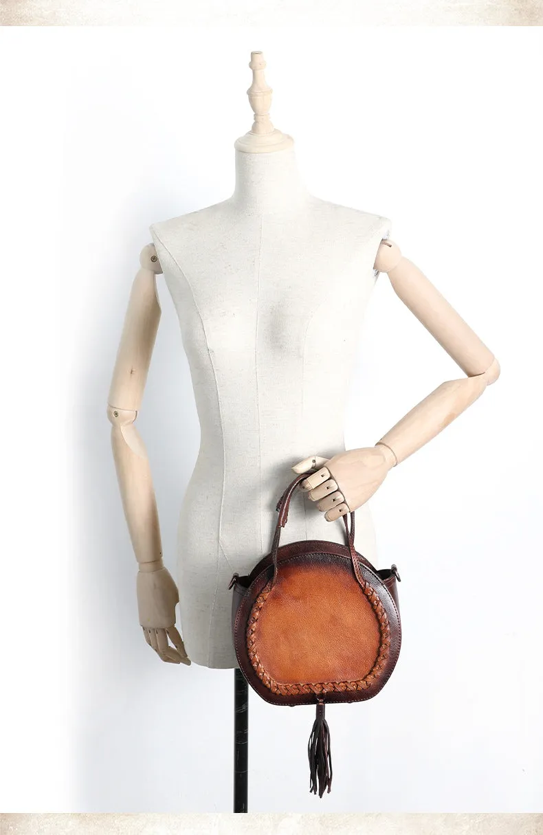 Womens Black Leather Round Handbag Purses with Tassels Vintage Handmade Round Shoulder Bag Crossbody Handbag for Women