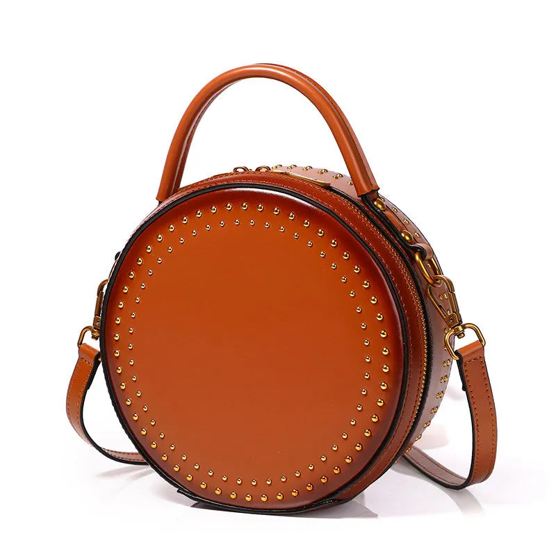 Womens Black Leather Round Handbag with Rivet Crossbody Purse Black Round Shoulder Bag for Women