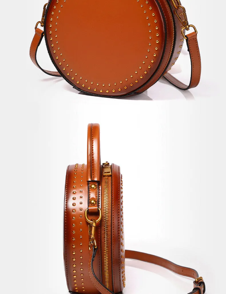 Womens Black Leather Round Handbag with Rivet Crossbody Purse Black Round Shoulder Bag for Women