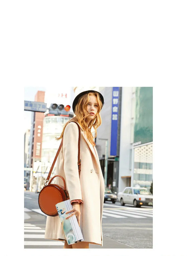 Womens Black Leather Round Handbag with Rivet Crossbody Purse Black Round Shoulder Bag for Women