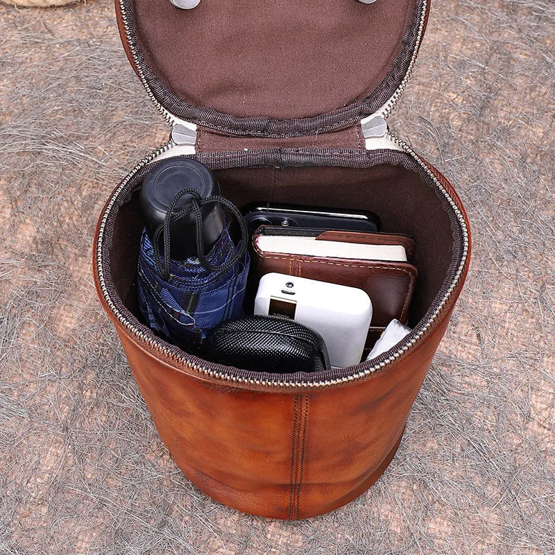 Womens Brown Leather Barrel Shoulder Bag Purse Vintage Round Handbag Bucket Crossbody Purse for Women