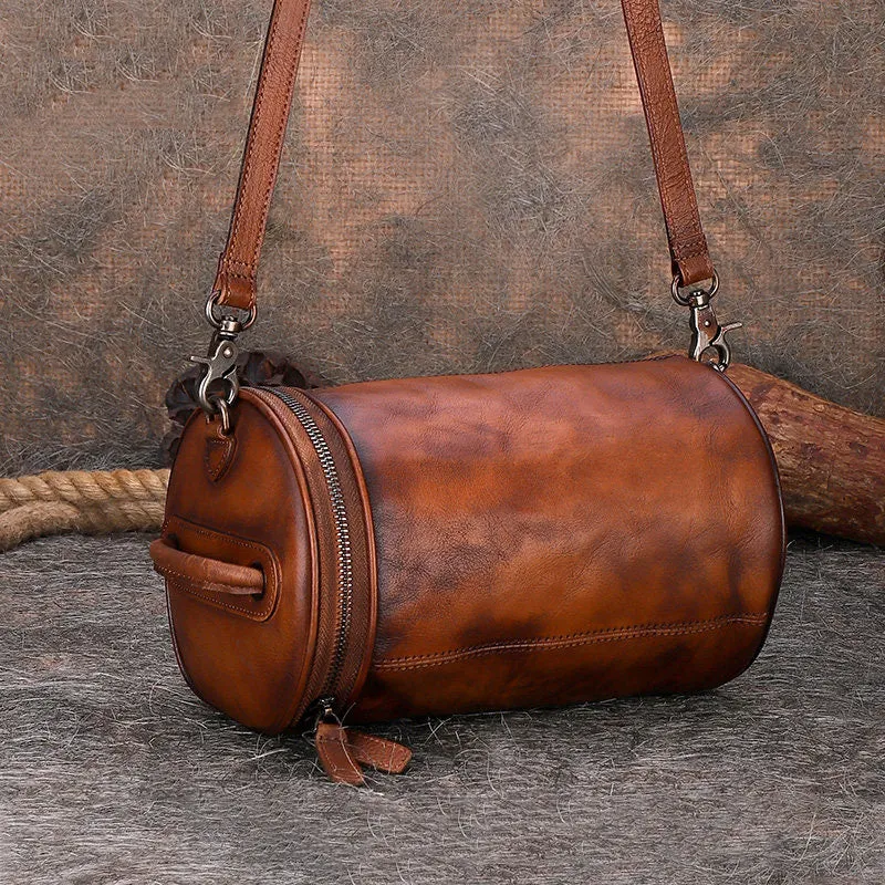 Womens Brown Leather Barrel Shoulder Bag Purse Vintage Round Handbag Bucket Crossbody Purse for Women