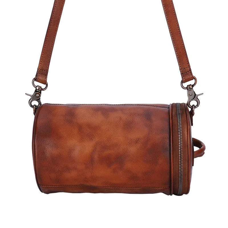 Womens Brown Leather Barrel Shoulder Bag Purse Vintage Round Handbag Bucket Crossbody Purse for Women