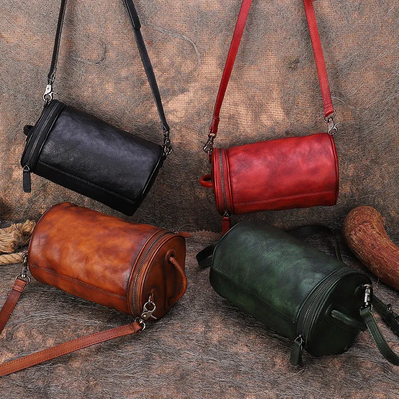 Womens Brown Leather Barrel Shoulder Bag Purse Vintage Round Handbag Bucket Crossbody Purse for Women