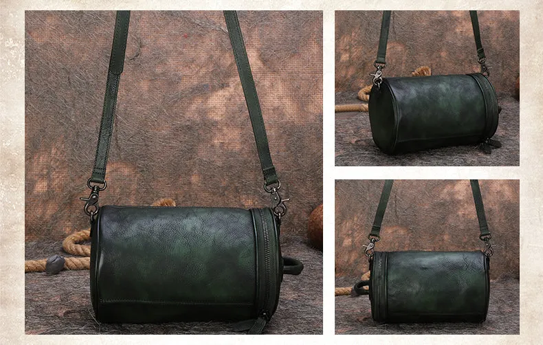 Womens Brown Leather Barrel Shoulder Bag Purse Vintage Round Handbag Bucket Crossbody Purse for Women