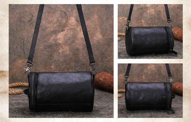 Womens Brown Leather Barrel Shoulder Bag Purse Vintage Round Handbag Bucket Crossbody Purse for Women