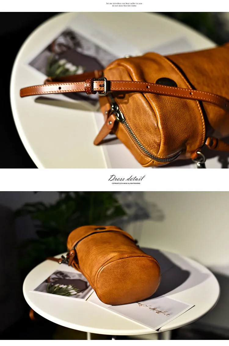 Womens Brown Leather Bucket Crossbody Bag Purse Vintage Handmade Round Barrel Shoulder Bag for Women