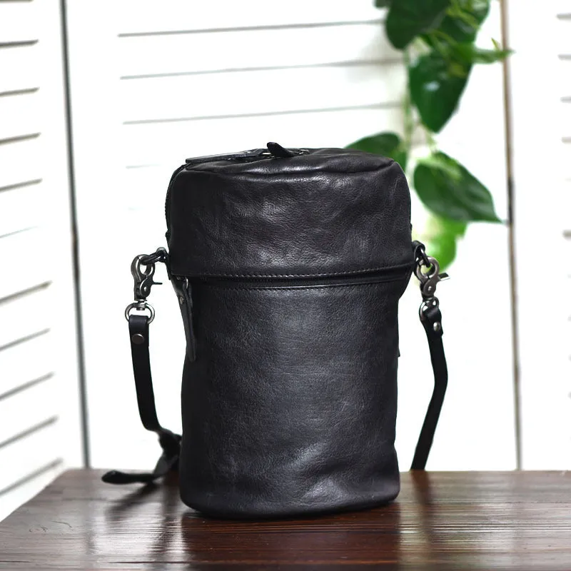 Womens Brown Leather Bucket Crossbody Bag Purse Vintage Handmade Round Barrel Shoulder Bag for Women