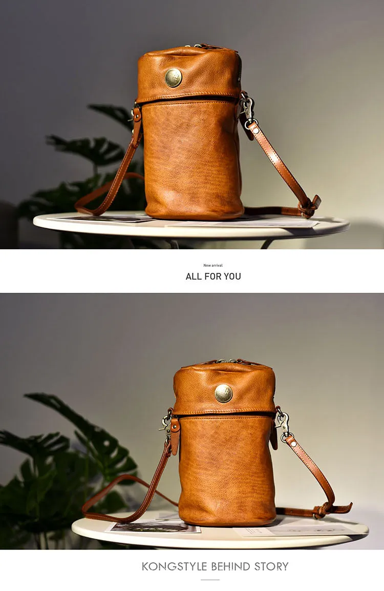 Womens Brown Leather Bucket Crossbody Bag Purse Vintage Handmade Round Barrel Shoulder Bag for Women