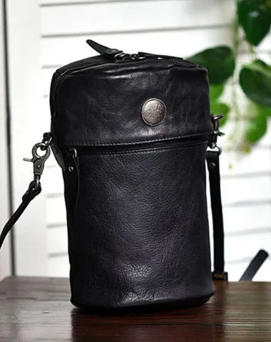Womens Brown Leather Bucket Crossbody Bag Purse Vintage Handmade Round Barrel Shoulder Bag for Women