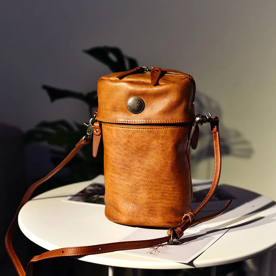 Womens Brown Leather Bucket Crossbody Bag Purse Vintage Handmade Round Barrel Shoulder Bag for Women