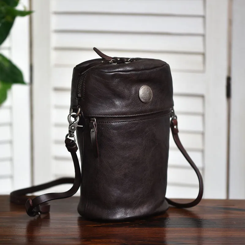 Womens Brown Leather Bucket Crossbody Bag Purse Vintage Handmade Round Barrel Shoulder Bag for Women