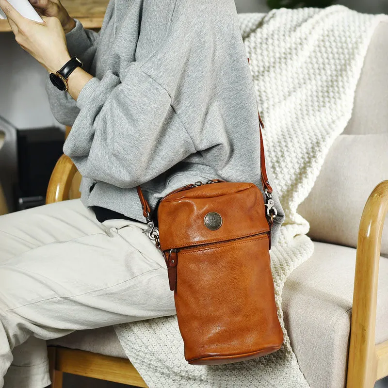 Womens Brown Leather Bucket Crossbody Bag Purse Vintage Handmade Round Barrel Shoulder Bag for Women