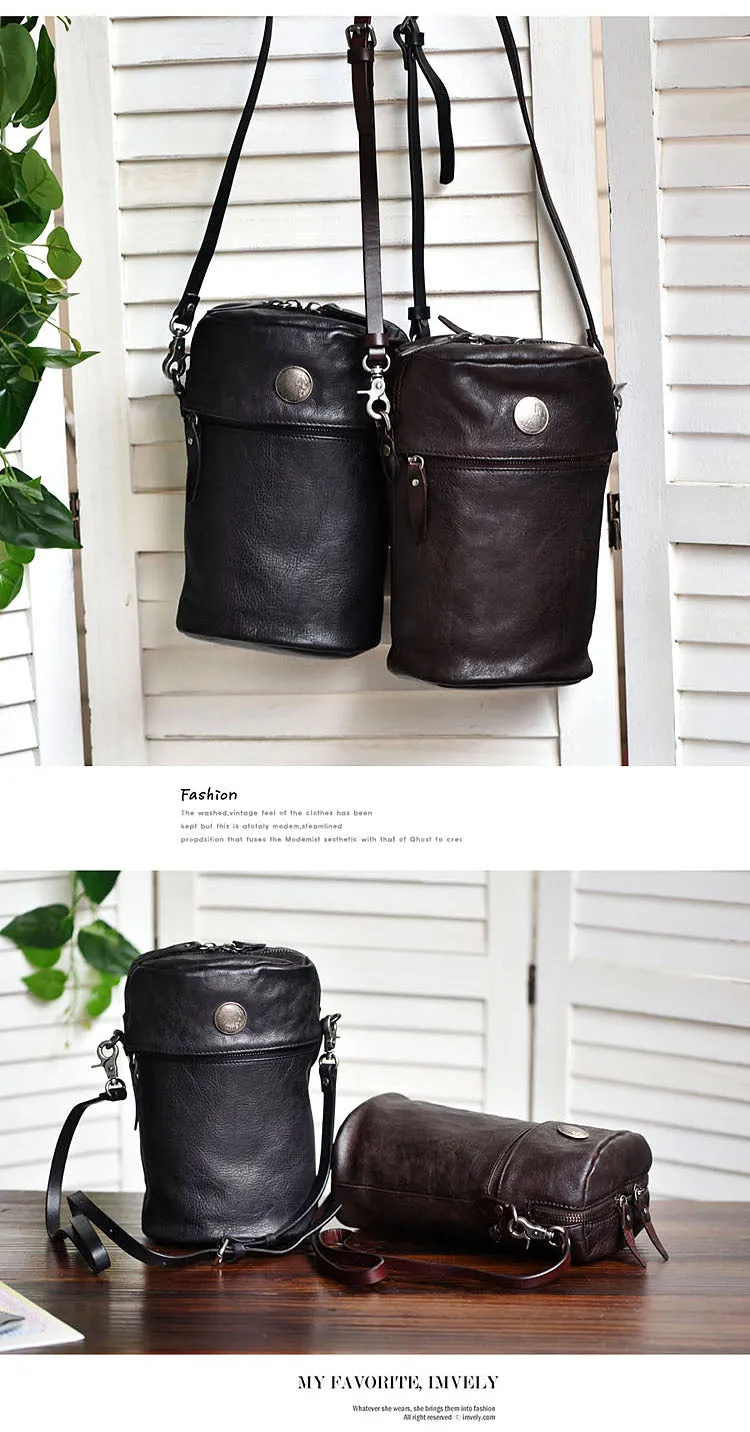 Womens Brown Leather Bucket Crossbody Bag Purse Vintage Handmade Round Barrel Shoulder Bag for Women