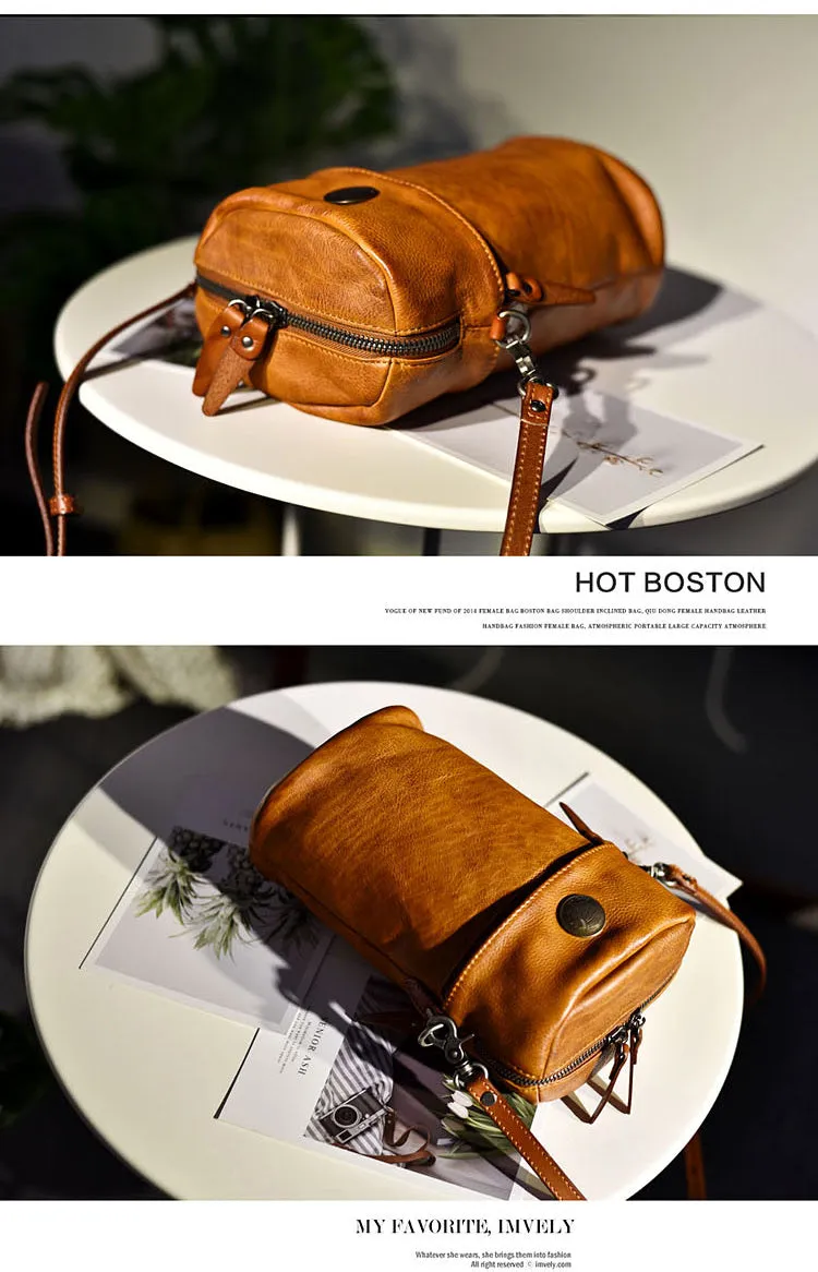Womens Brown Leather Bucket Crossbody Bag Purse Vintage Handmade Round Barrel Shoulder Bag for Women